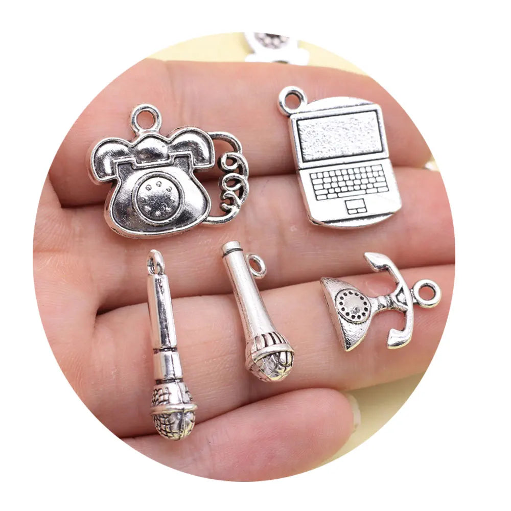 70pcs/lot Antique Silver Color Alloy Computer Phone Microphone Pendants DIY Charms for Kids Girls Fit Earring Necklace Jewelr