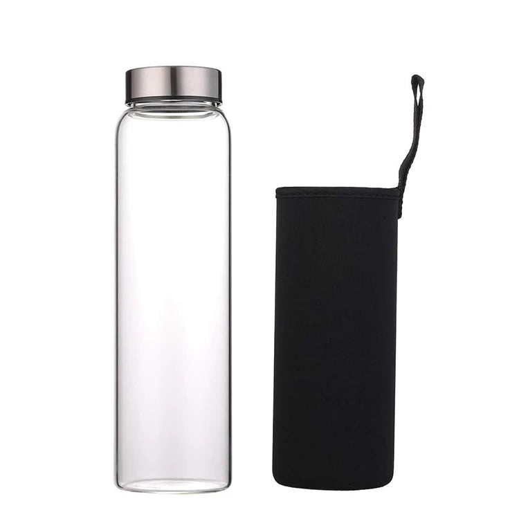 16Oz Transparent High Borosilicate Glass Water Bottle With Stainless Steel Lid Low Moq