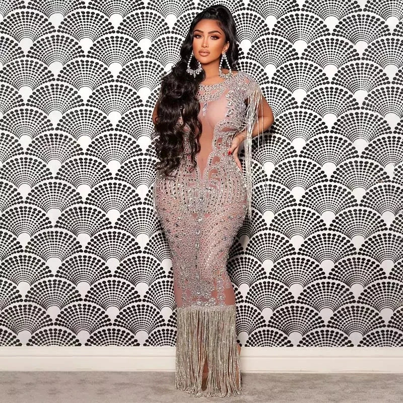 Sparkly Diamond Dress See Through Evening Dresses Silver Crystal Fringe Evening Gown Sexy White Glitter Dress