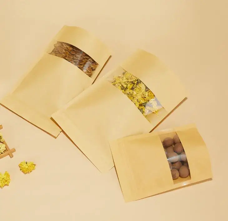 Recyclable Brown Paper Bag with Window Stand-Up Ziplock Kraft Packaging Small Food Bags for Home and Office Use