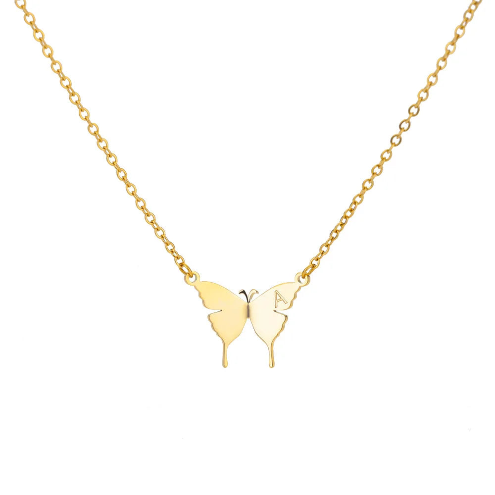 Simple Summer Jewelry 18k Gold Plated Cute Women Gold Letter Initial Butterfly Necklace Stainless Steel for Girls
