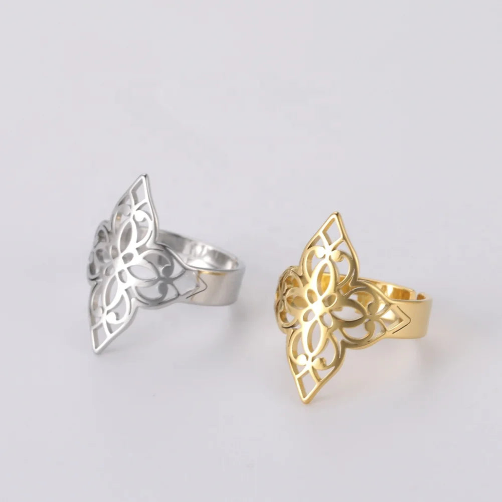 Filigree Flower Ring for Women Adjustable Stainless Steel Rings Accessories Vintage Celtics Amulet Jewelry Wedding Band Gift