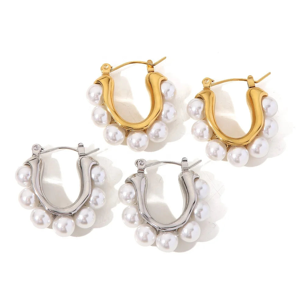 Fashion Gold Hoops Stainless Steel Earring Jewelry 18k Gold Hoop Earring Natural Freshwater Pearl Drop Earrings