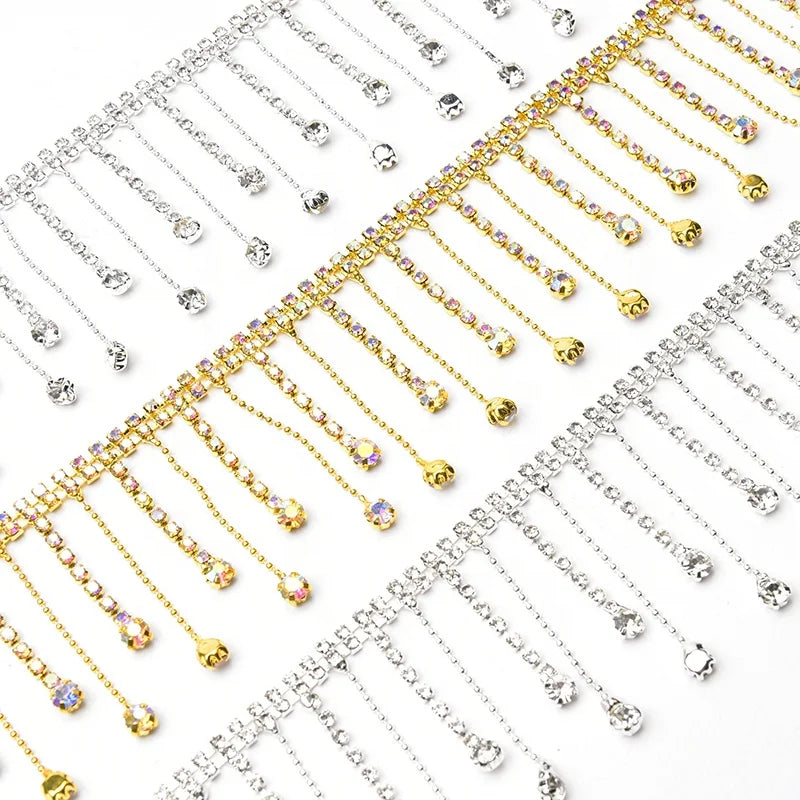 Short Rhinestone Tassel Chain Hanging Teardrop Shape Crystal Fringe Trim DIY Wedding Decoration Dance Clothes