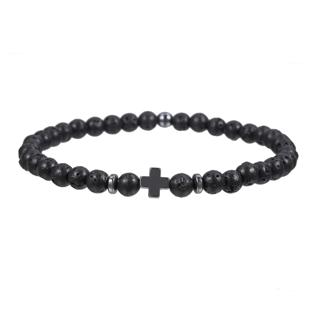 New Arrivals 4 MM Natural Stone Cross Bracelet Jewelry Black Lava Stone Cross Bracelet for Couple Gift