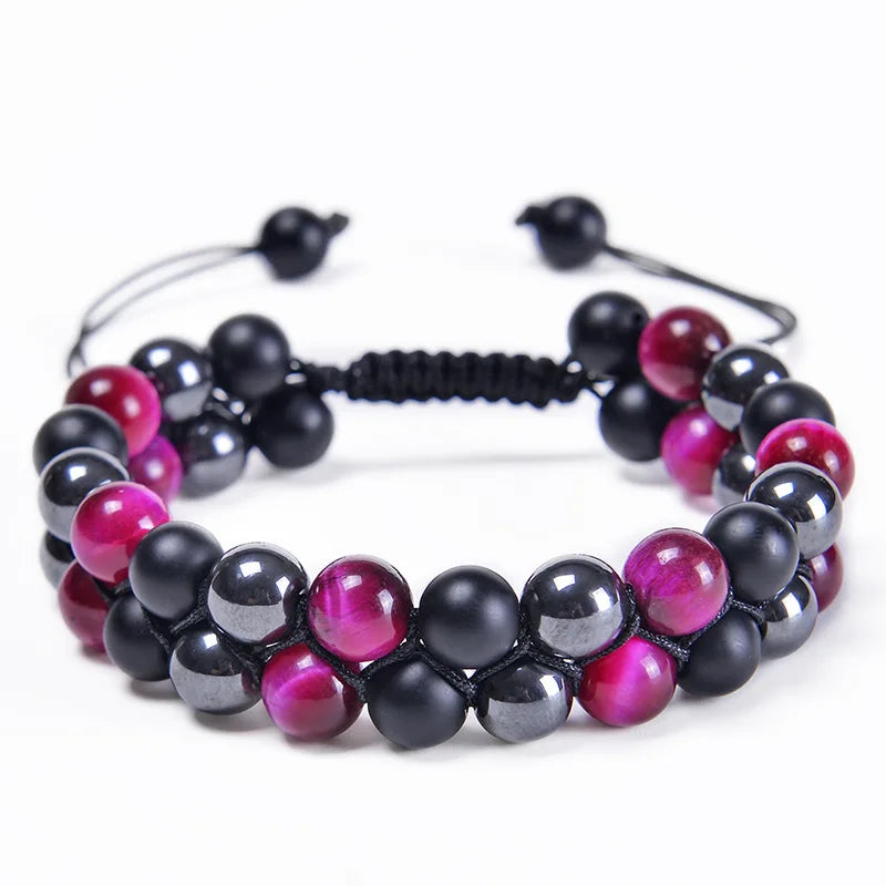 European American Fashionable 8mm Frosted Stone Tiger Eye Double-Layer Woven Beaded Bracelet for Men and Women