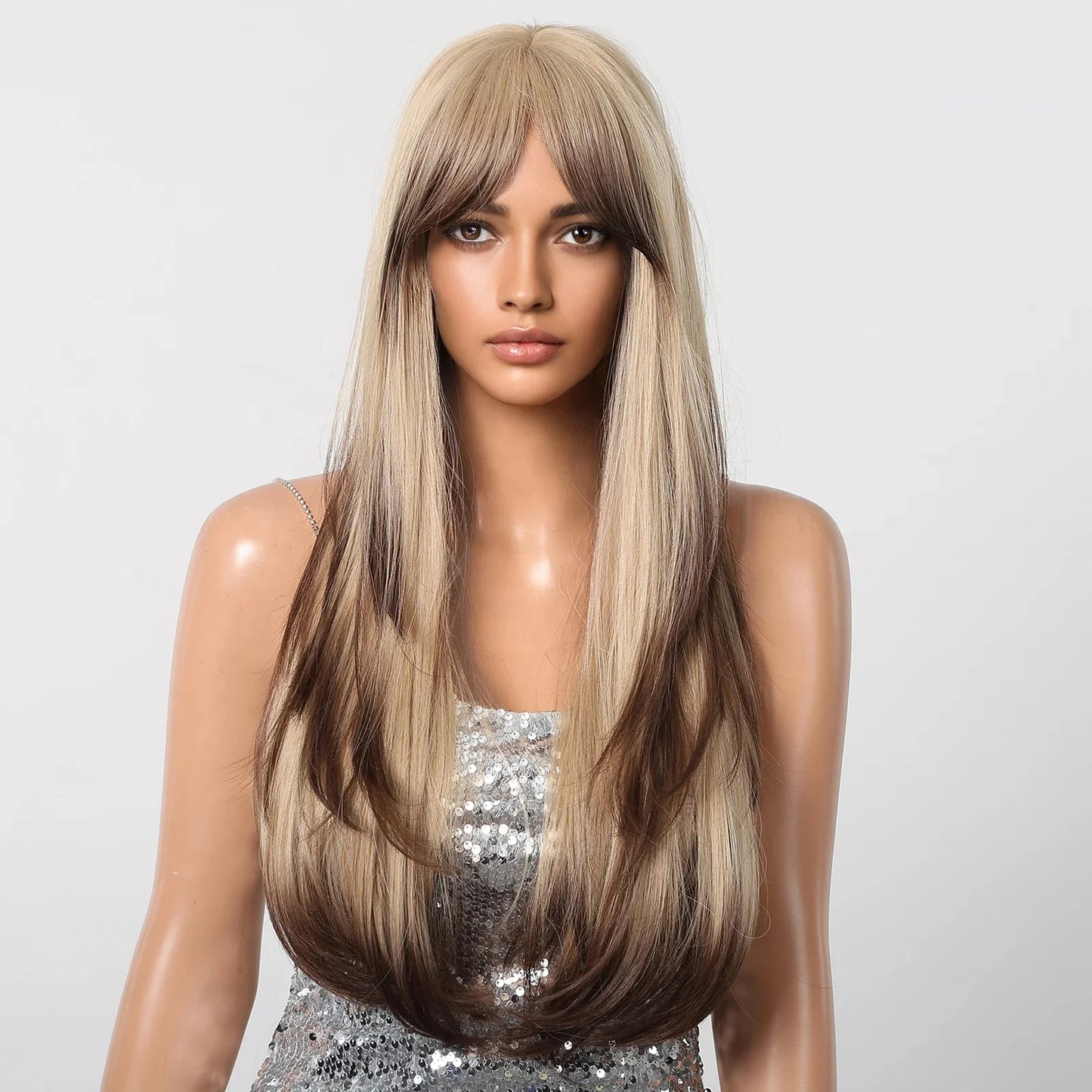Long Wavy Brown to Blonde Gradient Color for Women Layered Synthetic Wig with Bangs Natural Christmas Party Heat Resistant Fi