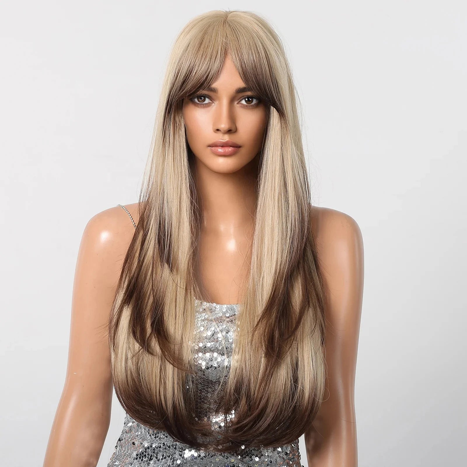 Long Wavy Brown to Blonde Gradient Color for Women Layered Synthetic Wig with Bangs Natural Christmas Party Heat Resistant Fi