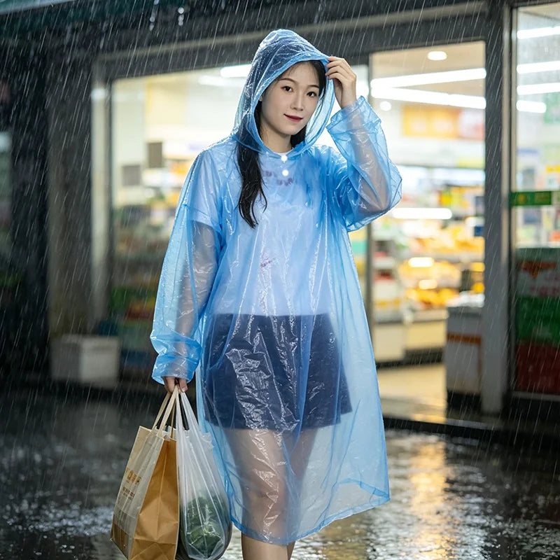 Disposable PE Rain Poncho Transparent Adult Lightweight Waterproof Raincoat in Ball Compact Ready for Travel Outdoor Emergenc
