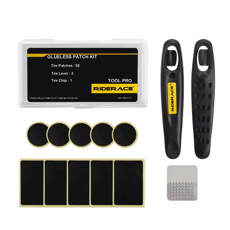 RIDERACE Bicycle Tire Patch Glueless Kit Wheel Tyre Lever MTB Road Bike Inner Tire No-glue Adhesive Quick Dry Repair Tool Set
