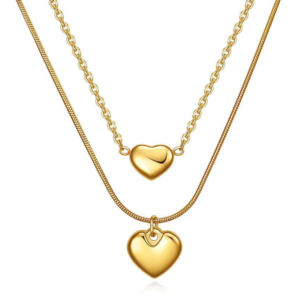 Fashion Stainless Steel Double Layer Chains Heart Pendant Necklace