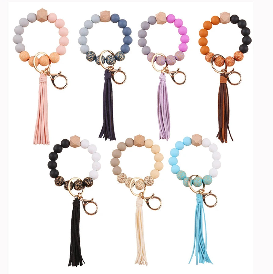Elastic Silicone Beaded Wristlet Bracelet Keychain Cute Boho Tassel Modern Car Keyring Holder Bangle Bag Charm Women's Foldab