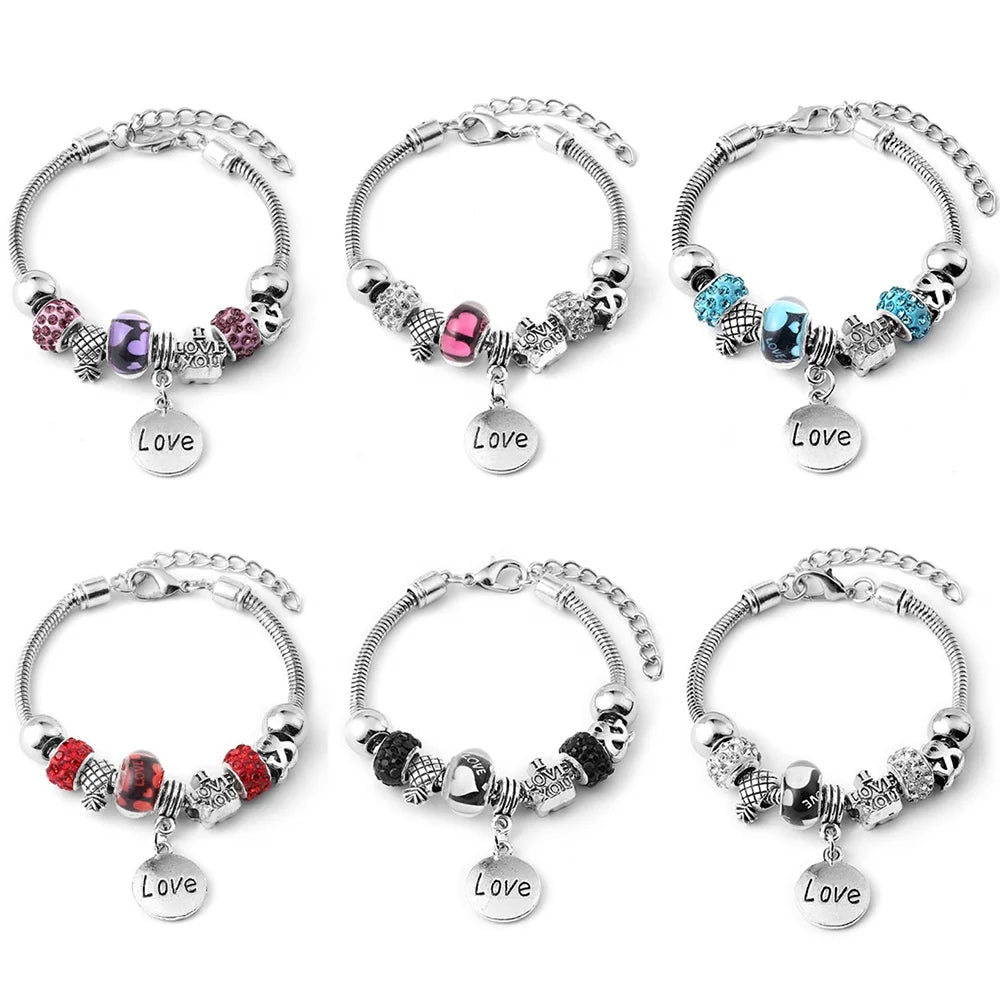 Fashion Stainless Steel Bangle Love Pendant Charm Beaded Adjustable Bracelet Jewelry for Women Decoration
