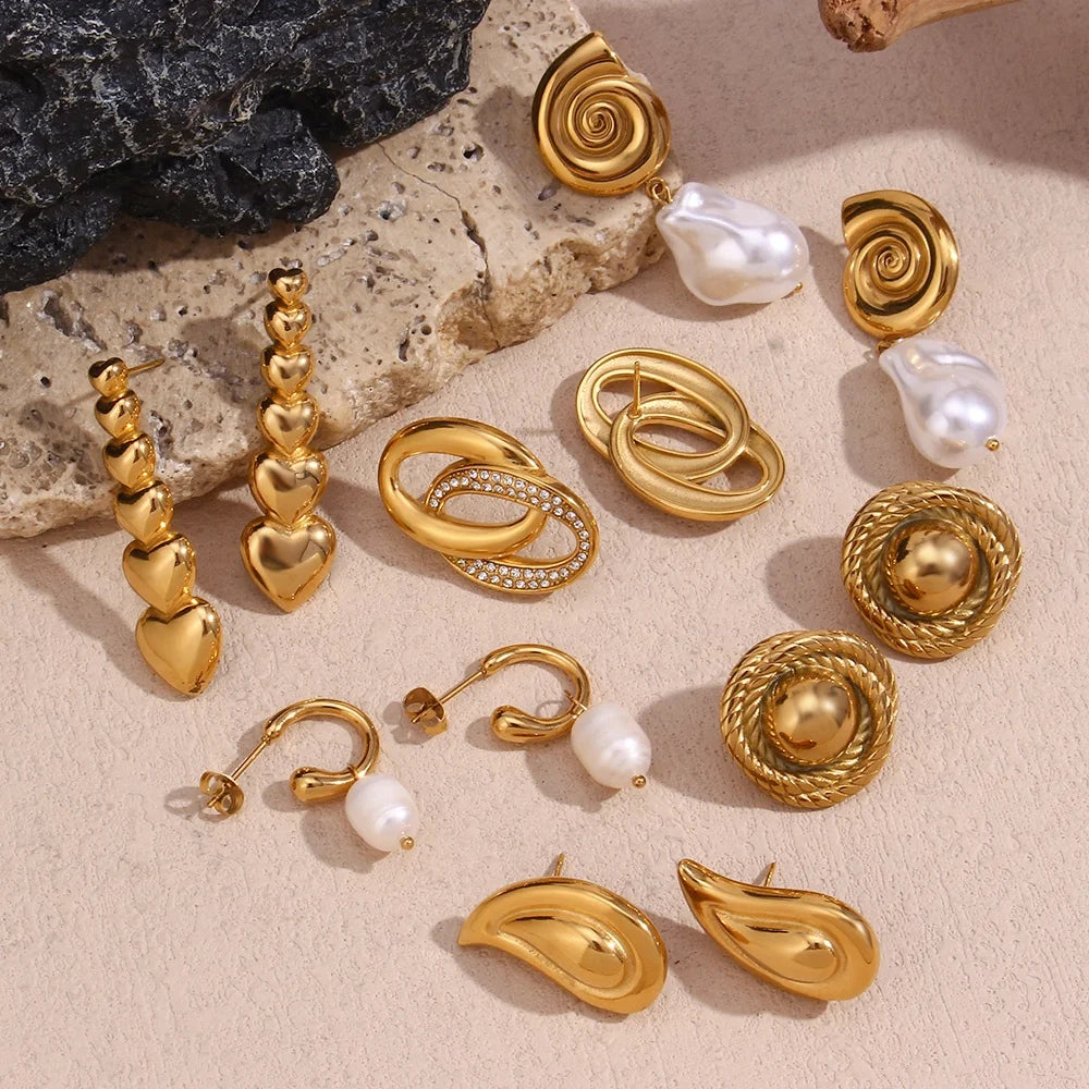 Dreamshow Stud Earrings Set Water Drop Pearl Zircon Earrings Set Gold Plated Stainless Steel Jewelry