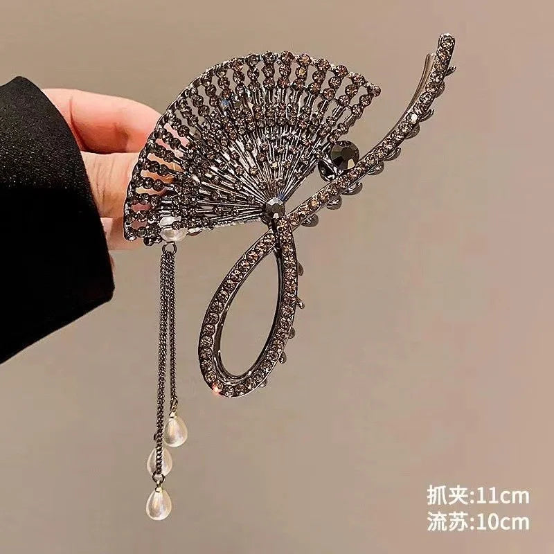 Ancient Chinese Style Metal Fringe Back Hair Grab with Summer fairy Elegance Flower Shark Clip Hair Accessories