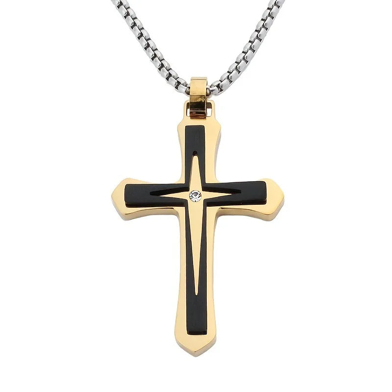 316 Stainless Steel Double Layers Cross Pendant Necklace for Men Hiphop Titanium Jewelry With Rhinestone