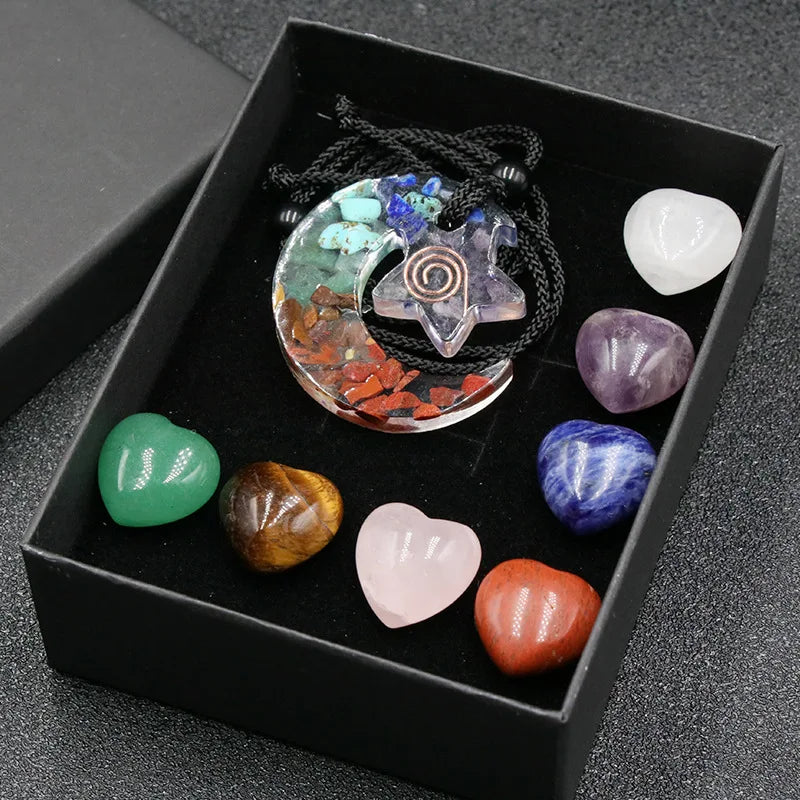 Newest Wholesale Natural Chakra Stone Healing Crystal Moon Star Pendant Heart Gemstone Sets Jewelry for Gift