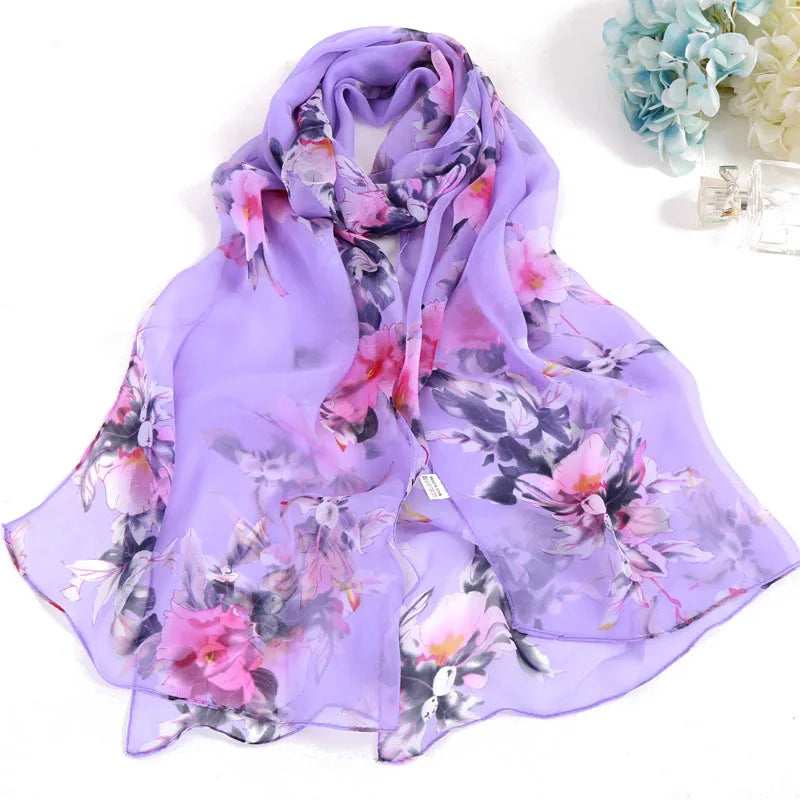 160cm Vintage Summer Fashion Ladies Floral Printed Shawls and Scarves Thin Georgette Silk Scarf for Women