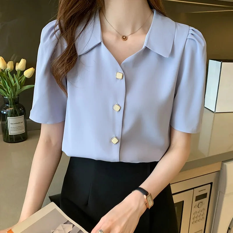 8370#  Summer Short Sleeved Shirt for Women Loose and Versatile French V-neck Chic Blouse Tops