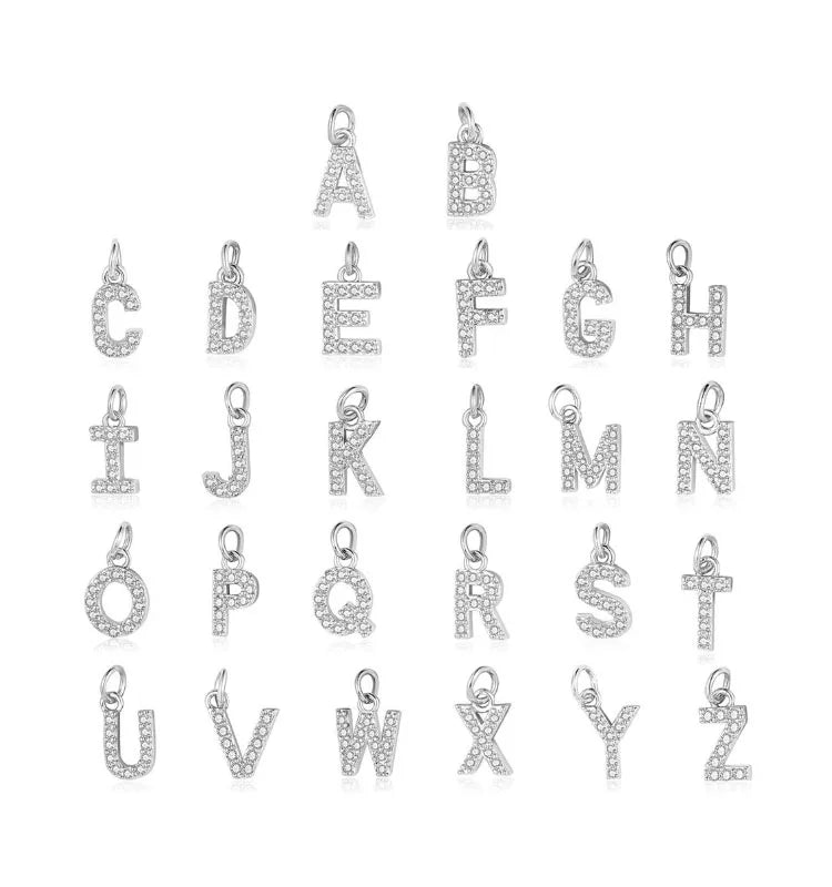 Silver Brass Zircon A-Z Letter Charm Initial Letter Alphabet Charm Dangle Pendant for DIY Bracelet Necklace Craft Making