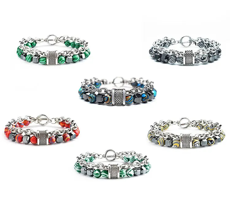 Men's New Fashion Malachite Metal Beaded Hip Hop Bracelet Wholesale Fashion Jewelry Bracelets & Bangles