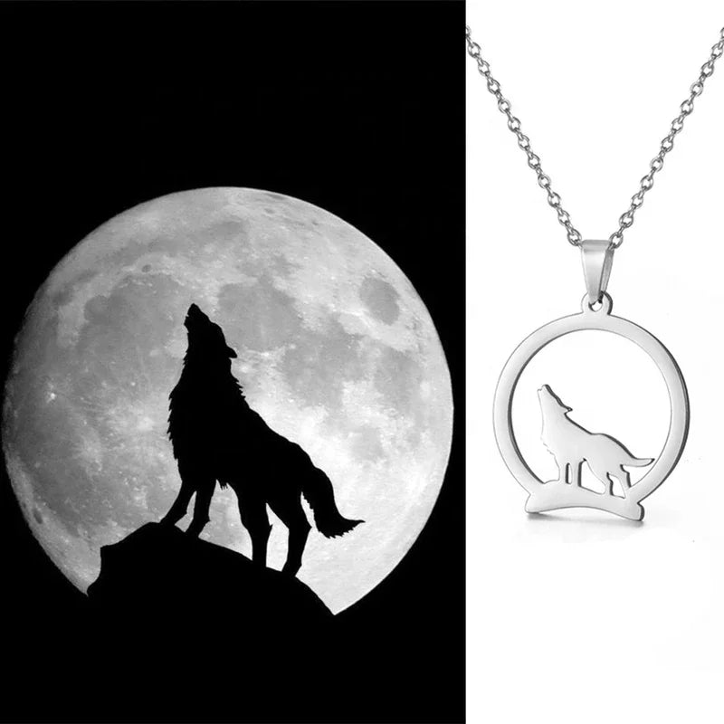 Howling Wolf Pendant Necklace Wild Wolf Patronus Amulet Charm Trendy Punk Stainless Steel Choker Jewelry Gift for Men Women