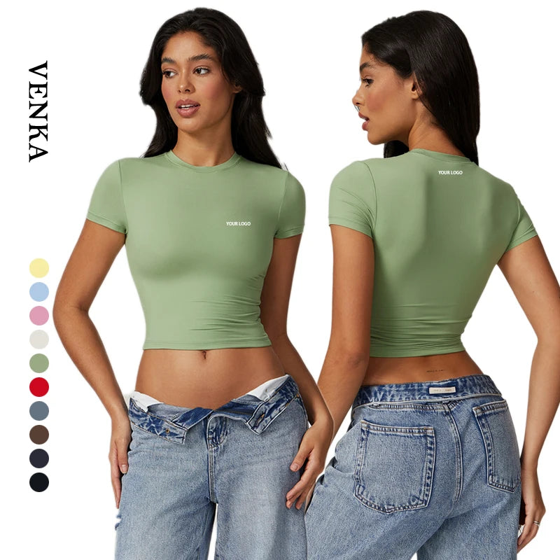 Women's Lightweight Quick Dry Gym Fitness Crop Top Seamless Short Sleeve T-Shirts for Running Sports Yoga Workout Athletic We
