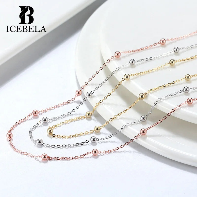 ICEBELA Italian 925 Sterling Silver Chains Jewelry Set Hip Hop 14k Gold 1.4mm Ball Bead Cable Link Chain Necklace for Women