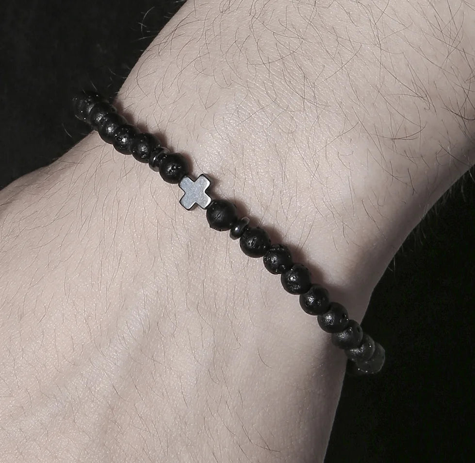 2025 New Couple Beaded Bracelets Fashion Black Gallstone Cross Bracelet Volcanic Stone Red Turquoise Bracelet for Men