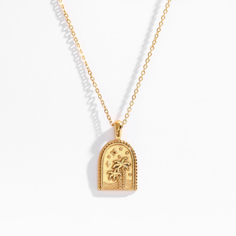 18K Gold Plated Waterproof  New PVD Tarnish Free Stainless Steel Coconut Palm Tree Stainless Steel Pendant Necklace