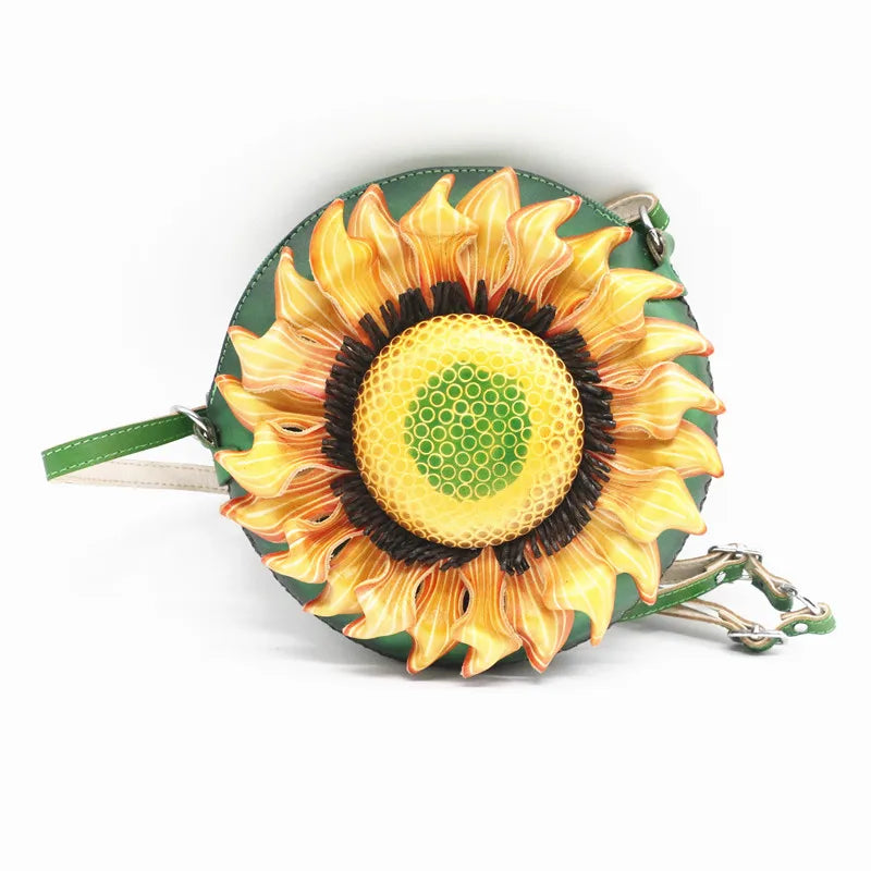 Vintage Handmade Cowhide Art Sunflower Single Shoulder Crossbody Bag