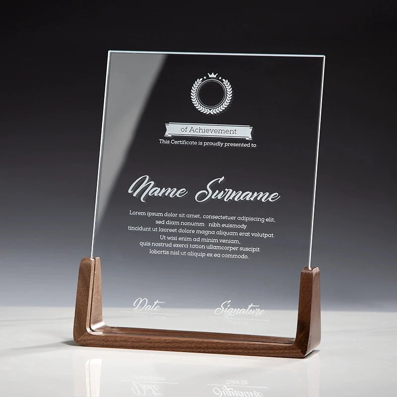 Simple Clear Glass Trophies Medals Plaques Crystal Award Plaque Trophy With Wood Base