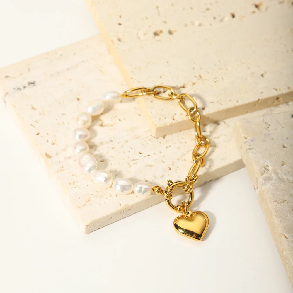 Elegant Baroque Pearl Link Stainless Steel Metal Heart Pendant 18K Plated Non Tarnish Bracelet Romantic Jewelry