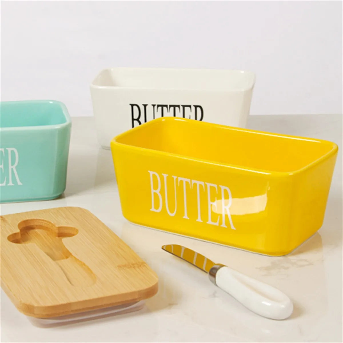 Double Food Container Box with Silicone Seal Ring & Bamboo Lids Large Ceramic Butter Dish with Knife for Home Kitchen