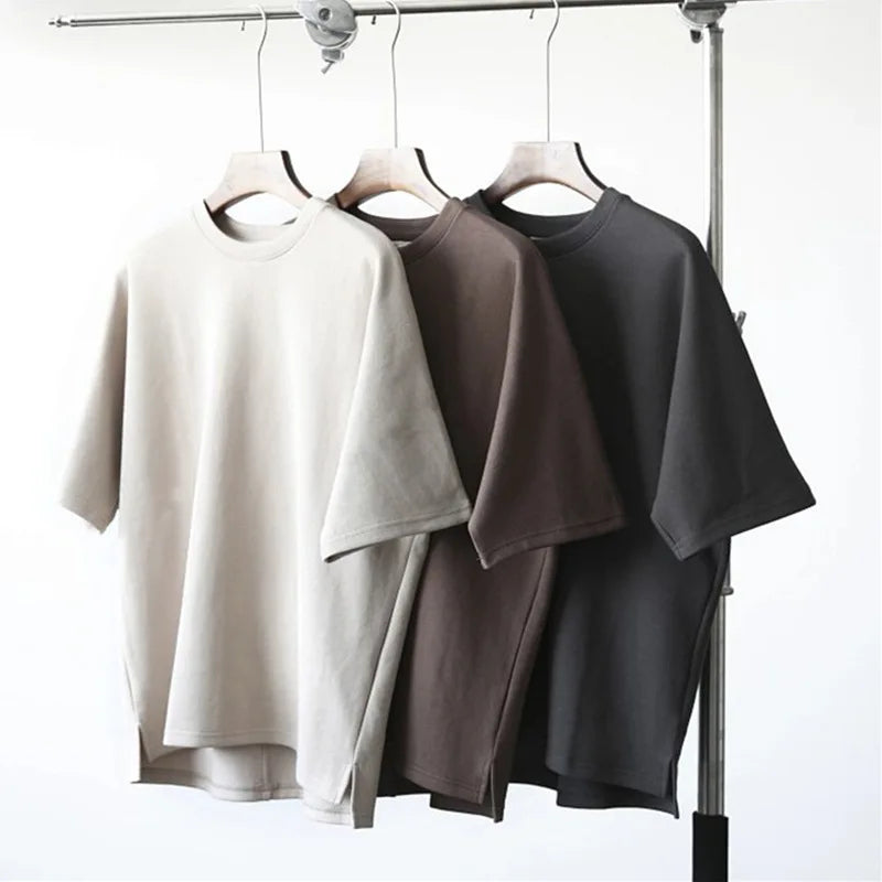 Fashion Oversized Crew Neck Knitted Cotton T-Shirts 220 Gsm Heavy Duty Plain Drop Shoulder Anti-Wrinkle Quick Dry Unisex