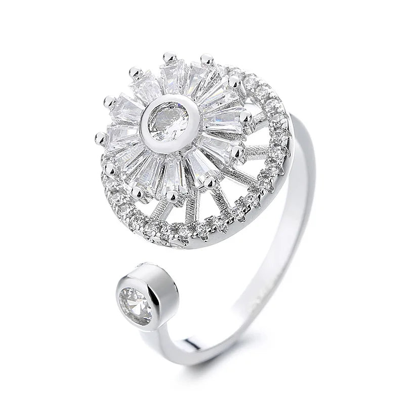 Exquisite Crystal Zircon Rotatable Open Adjustable Ring Anxiety Relief Spinning Ring for Women
