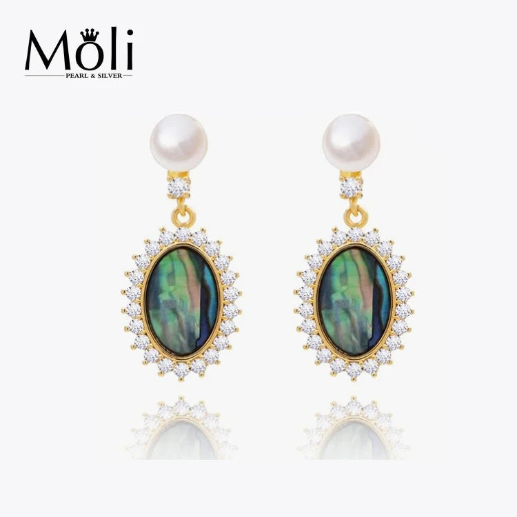 Fashion New Design Abalone Shell Charm White Button 5-6mm Real Pearl Stud Drop Earrings