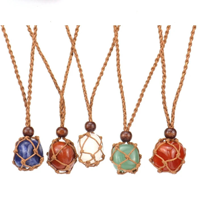 Boho Cord Handmade Woven Netted Crystal Necklace Holder Adjustable Rope Necklace Quartz Crystal Rolled Stone Necklace