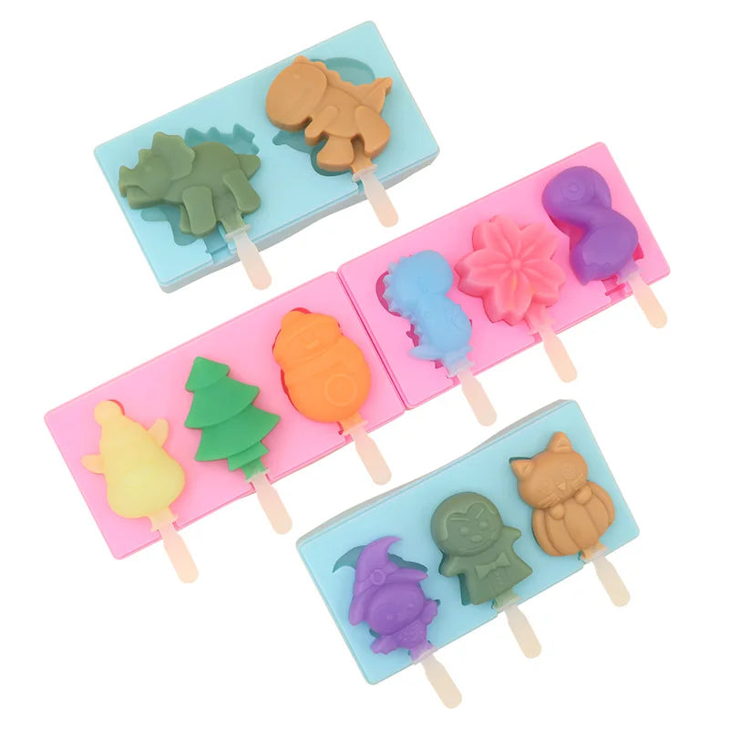 3D Ice Cream Silicone Mold Popsicle Mold With Lid With Plastic Stick Summer DIY Cartoon Dinosaur Cheese Stick Mold