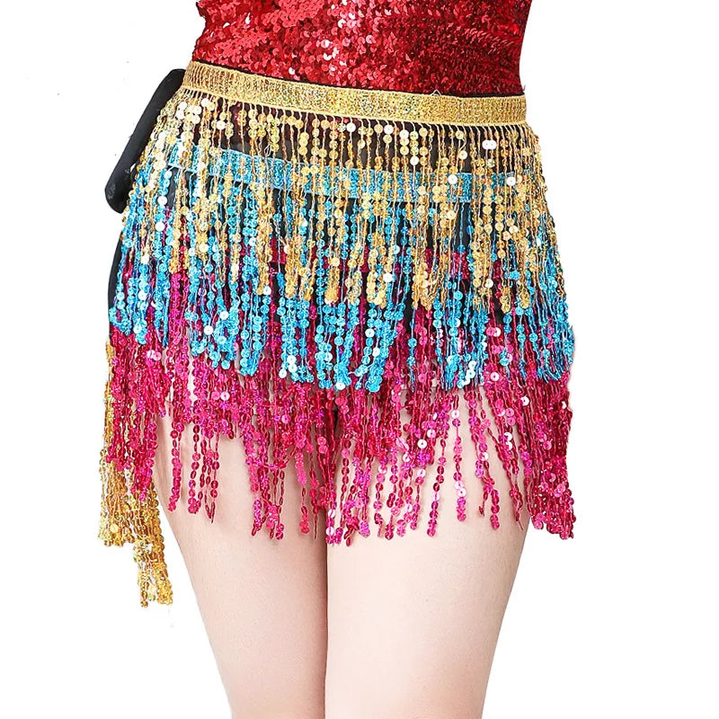 Sexy Sequins Tassel Dancewear Mini Skirt Women Clothes Jupe Femme Belly Dance Skirts Ladies Faldas Performance Stage Bottom S