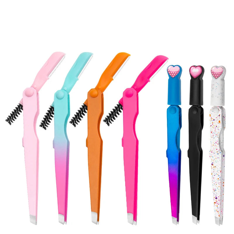 Manufacturer New Arrival Portable 3-in-1 Stainless Steel Pointed Eyelash Tweezers Eyebrow Brush Eyelash Curler Eyebrow Razor