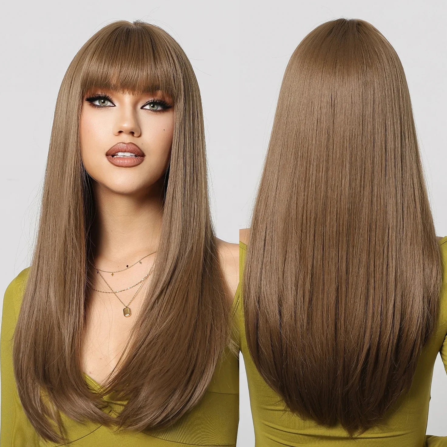 Long Straight Synthetic Wigs Brown Wigs with Bangs for Black Women Afro Cosplay Party Wigs Natural Heat Resistant False Hair 