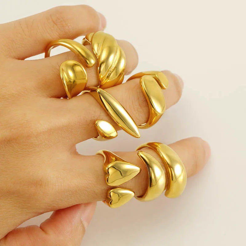 Hot Style Stainless Steel Irregular Heart Water Drop Twist 18K Gold Plated Open Ring Minimalist Popular Jewelry