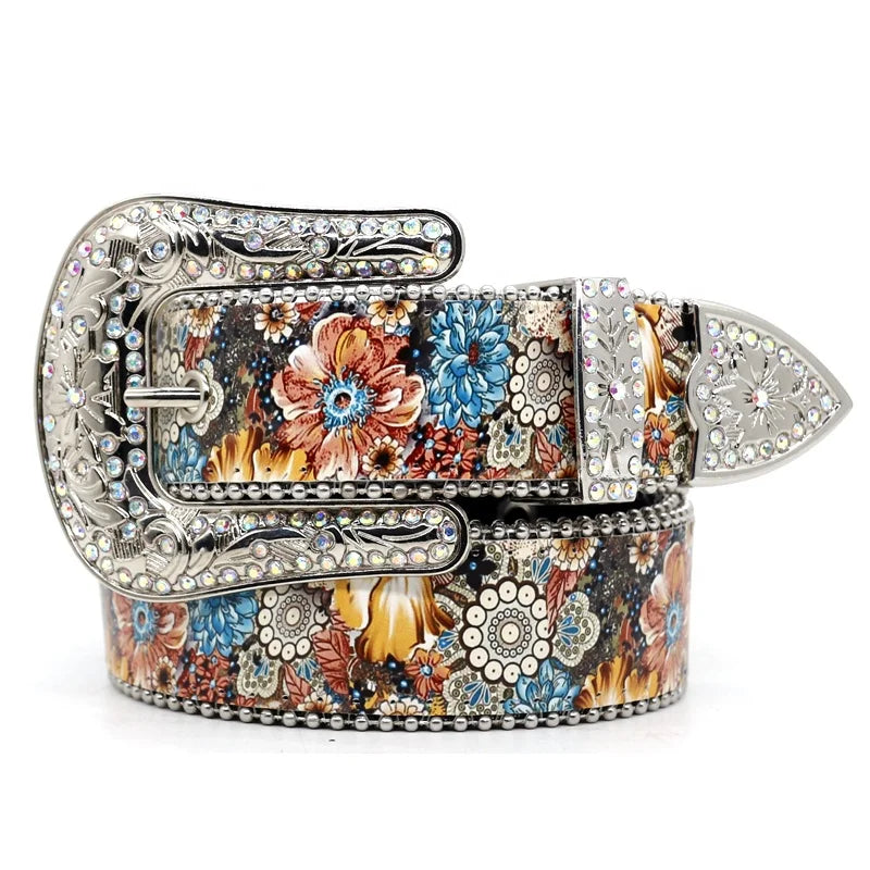 Western European & American Fashion Printed Diamond PU Leather Wide Waistband with Alloy Rhinestone Buckle
