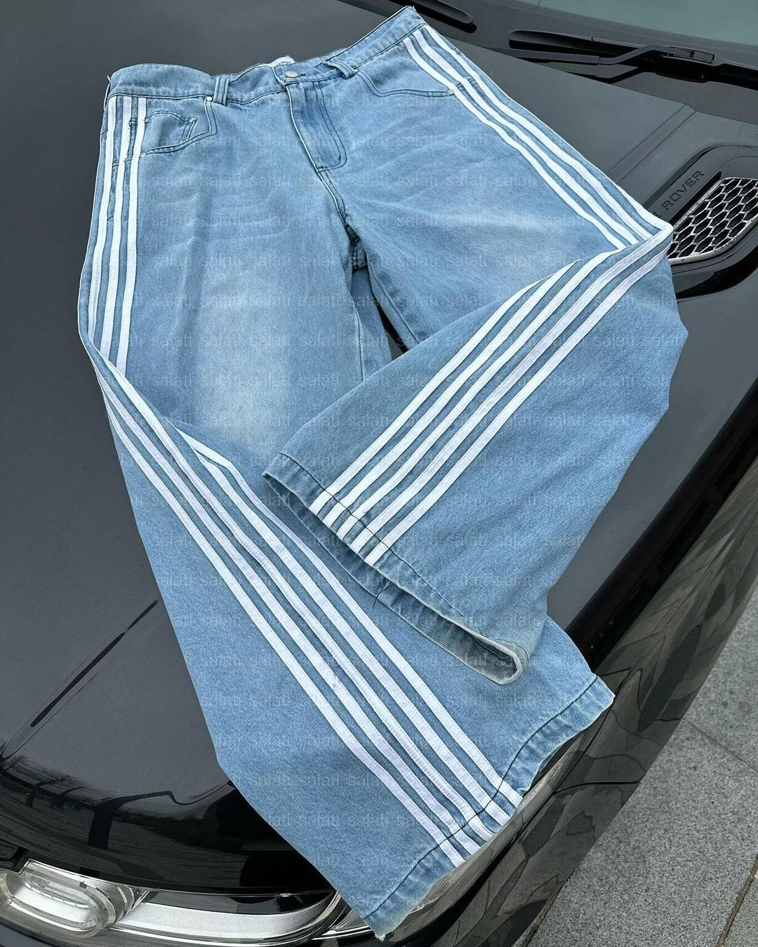 Custom Hip Hop Cotton Stripe Acid Wash Baggy Oversized Heavyweight Straight Wide Leg Flared Jeans Trousers Denim Pants for Me
