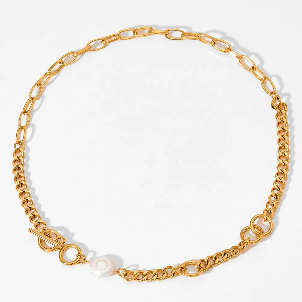 Ins Trendy 18k Gold Plated Fashion Pearl Collar Necklace Stainless Steel Gold Chain Necklace Freshwater Pearl Necklace Luxury