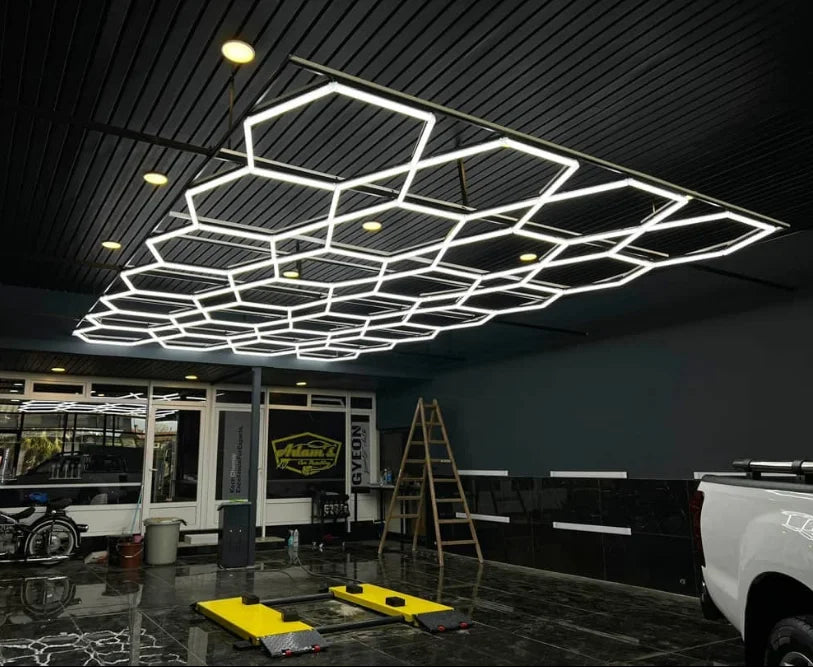 240V Portable LED Ceiling Light Waterproof Gym Honeycomb Hex Lights for Car Showroom & Workshop Application