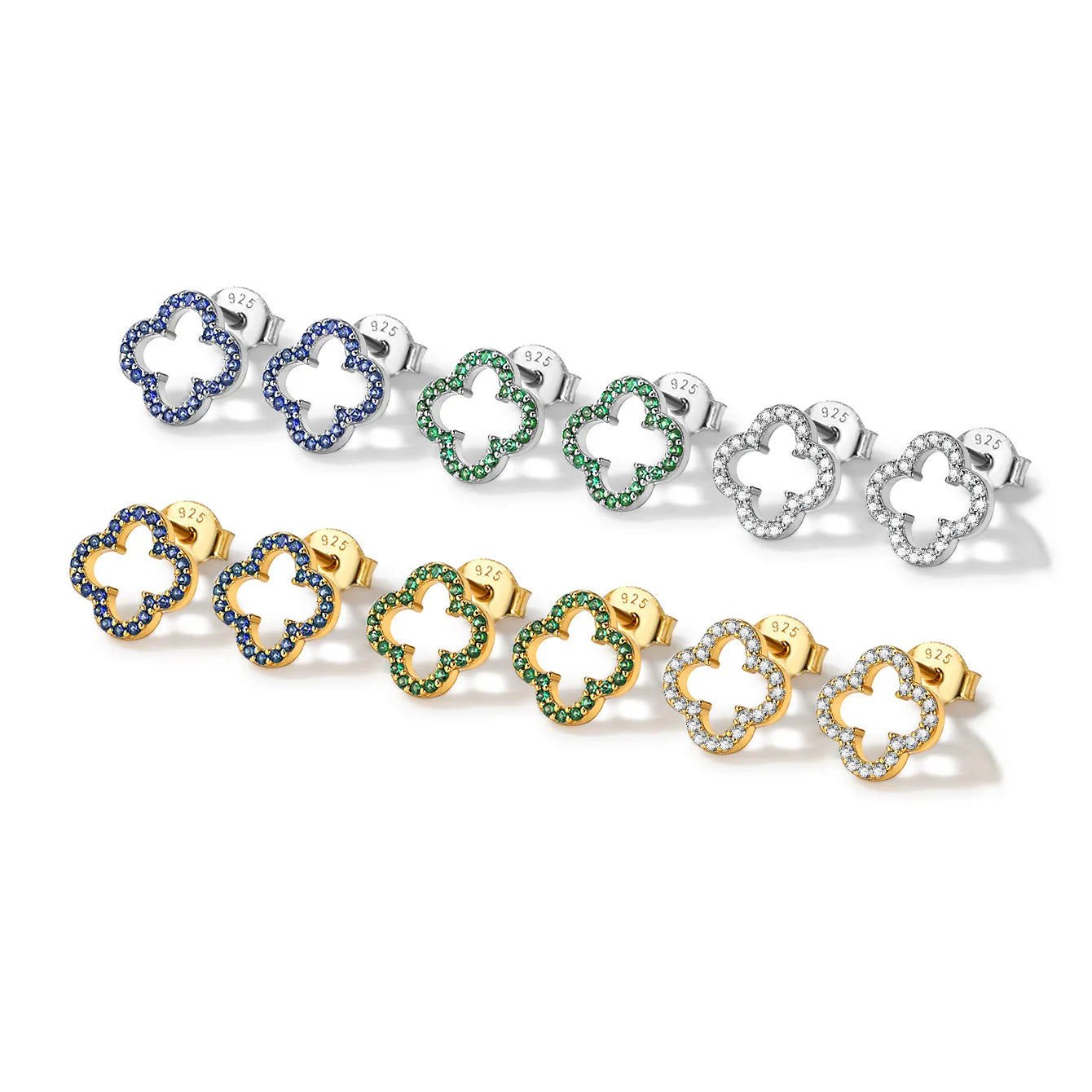 Daidan Gold Plated Jewelry 18K Pave Cz 925 Silver Jewelry Zircon Stud Hollow Clover Earrings