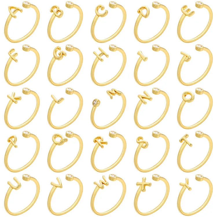 RM1530 Fine Delicate Tiny Mini Solitaire 18k Gold Diamond Cubic Zirconia Paved Letter Alphabet Initial Adjustable Finger Ring