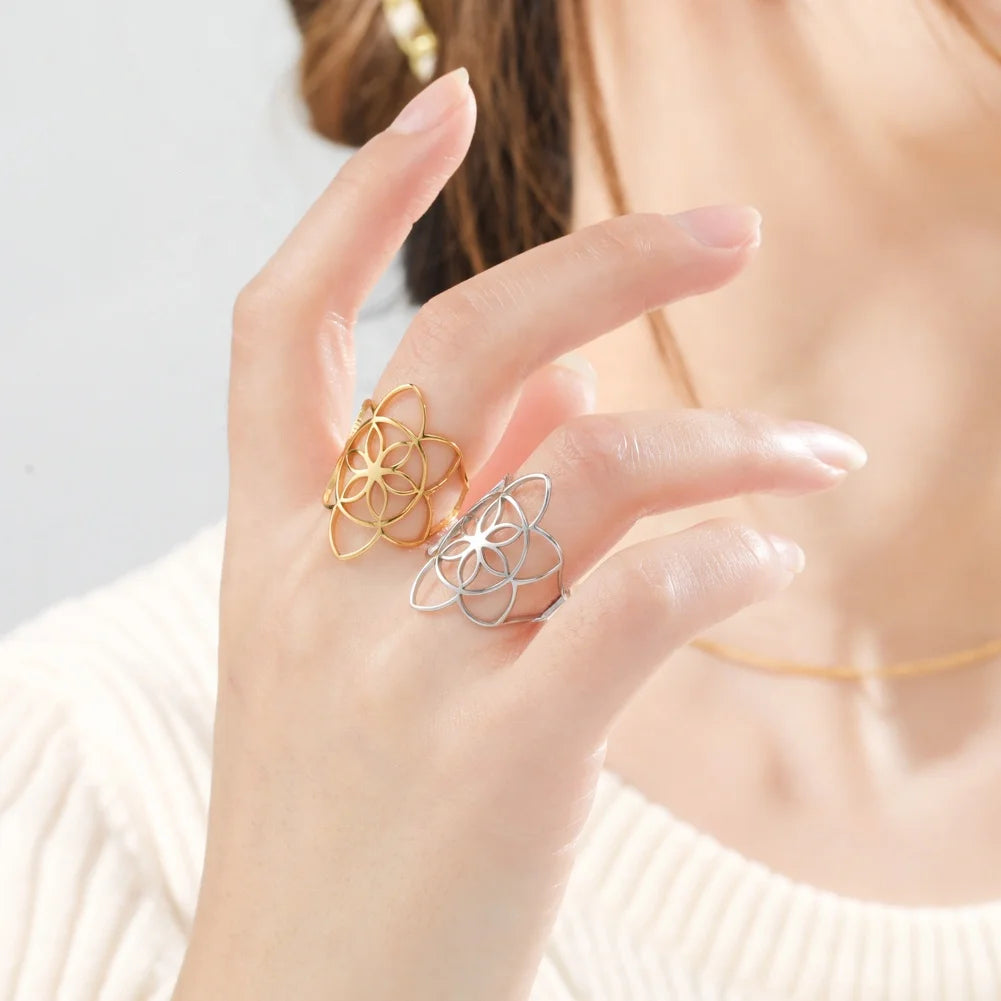 Vintage Flower of Life Rings for Women Stainless Steel Jewelry Filigree Geometric Adjustable Open Ring Wedding Gift